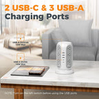 TESSAN Tower Power Strip with Individual Switches, Surge Protector with 12 Outlets, 5 USB Ports(2 USB C), Flat Extension Cord 10 Ft, Flat Plug, Charging Station for Multiple Devices, for Office, Dorm