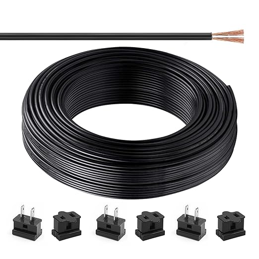 SPT-1 Wire Black 100FT 2 Conductor Flexible Low Voltage Landscape Cord 18AWG, Includes 6pcs Vampire Plugs for Wire Extension of Low Voltage Equipment Inside and Outside The Home Holiday Light Strings