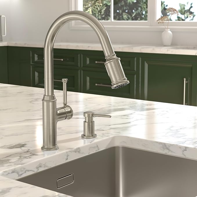 Lava Odoro Soap Dispenser for Kitchen Sink, Modern Brass Built in Countertop Pump Dispenser with 18 Oz Refillable Bottle, Kitchen Soap and Lotion Dispenser Spot-Free, Brushed Nickel, KSD-21