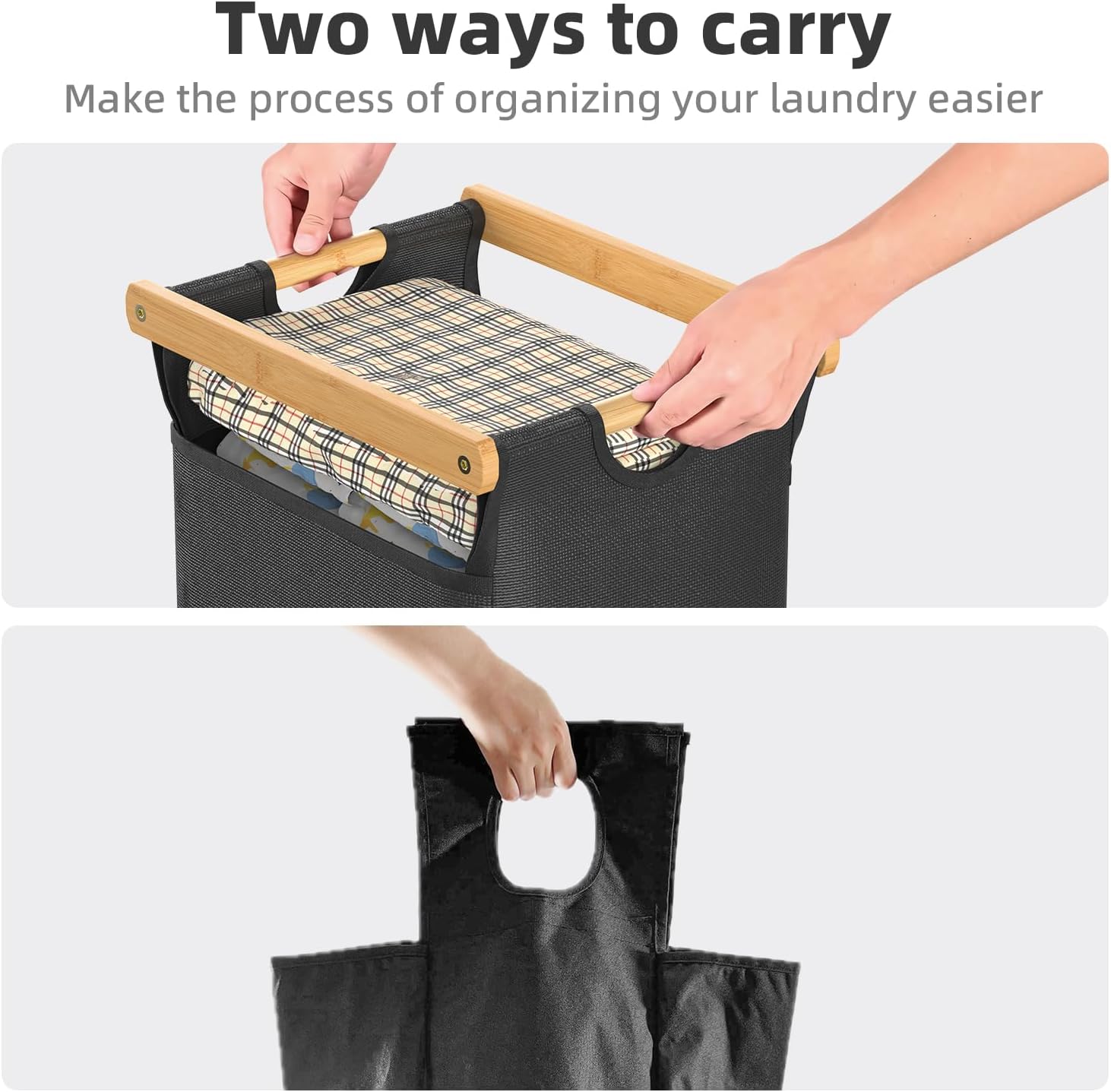 Laundry Hampers 3 Section, Laundry Sorter with Removable Shelf and Pull-Out Bags, Clothes Hampers with Wheels Rolling Cart Basket for Laundry Room Bathroom, 3 x 40 L (Black White Gray)