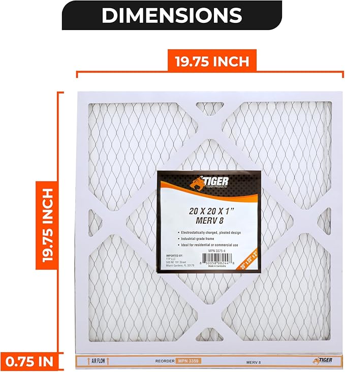 Tiger Tough 20x20x1 MERV 8 MPR 600-800 Air Filter, High-Performance AC Furnace & HVAC Filter, 4-Pack