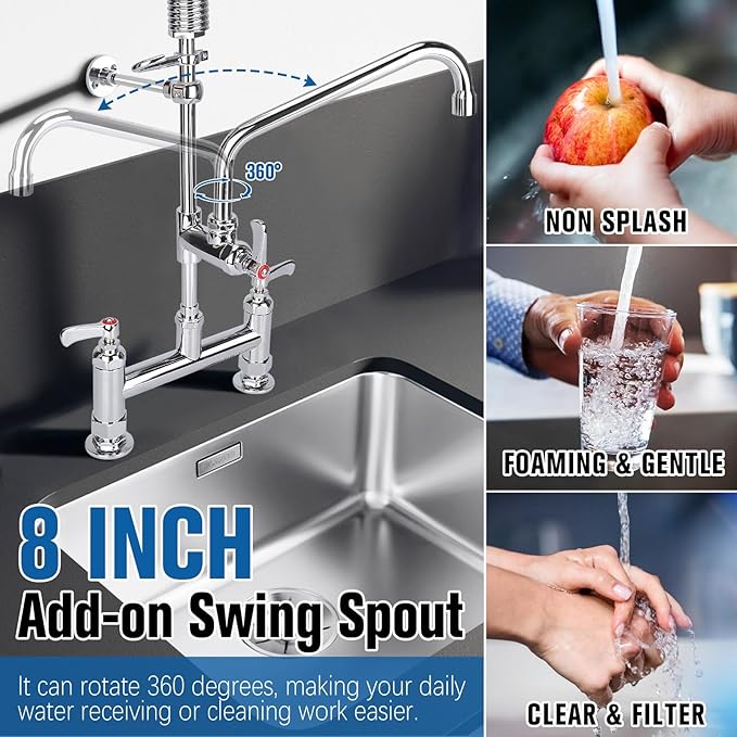 21" Height Commercial Sink Faucet Deck Mount with Pre-Rinse Sprayer, Commercial Kitchen Faucet with 8" Add-on Swing Spout Faucet & Spring Pull Down Sprayer, 8" Adjustable Center Kitchen Faucet