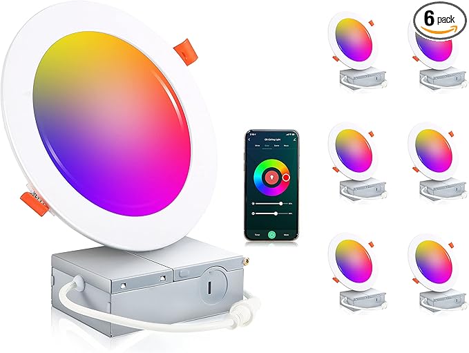 CLOUDY BAY [6 Pack] 6inch Smart WiFi LED Recessed Lights,RGBCW Color Changing Recessed Lighting,Compatible with Alexa and Google Home Assistant,No Hub Required,15W 2700K-6500K,CRI90+ Wet Location