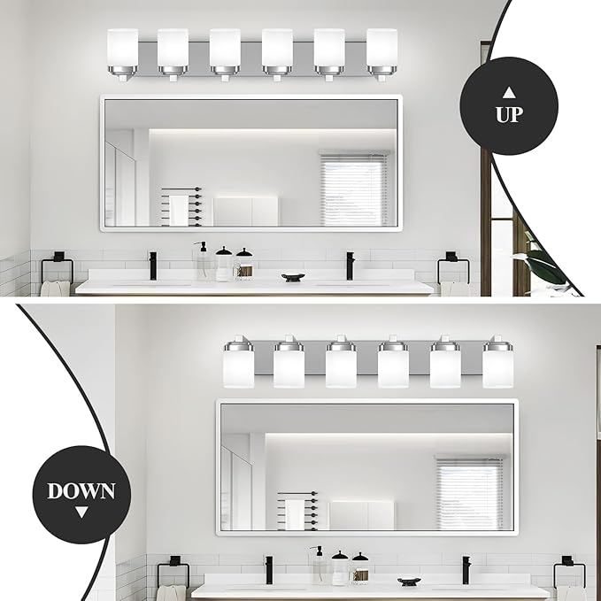 6-Light Bathroom Light Fixtures, Chrome Vanity Lights for Bathroom Mirror Lamp with Milky White Square Glass Shade, E26 Base Modern Wall Sconce Kitchen Light Fixtures Led Vanity