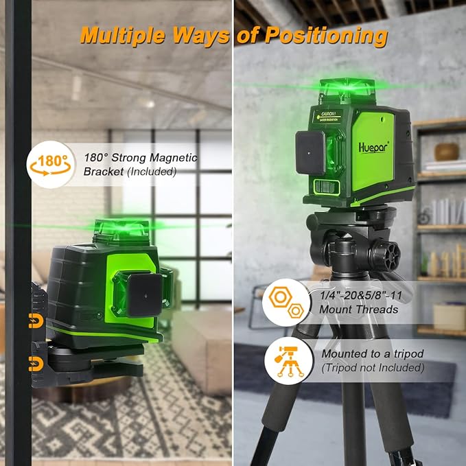 Huepar 3D Green Beam Self-Leveling Laser Level 3 x 360 Cross Line Three-Plane Leveling and Alignment Tool -Two 360 Vertical and One 360 Horizontal Line -Magnetic Pivoting Base GF360G