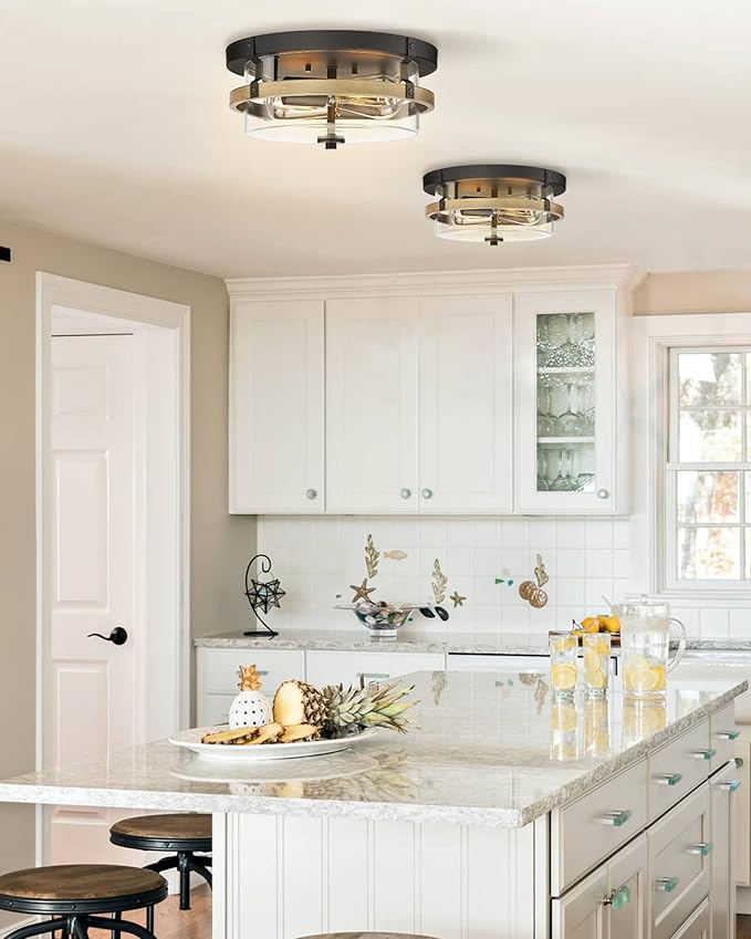 EAPUDUN Farmhouse Ceiling Light, Wooden Flush Mount Ceiling Light Fixtures with Clear Glass Shade, Retro 2-Light Ceiling Lamp for Hallway Entryway Bedroom Kitchen Dining Room FMA1443-FBDT