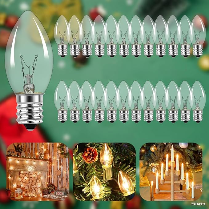 25 Pack C9 Replacement Bulbs Christmas Lights Outdoor, C9 Clear String Lights Repalcement Bulbs Fits in C9/E17 Base, 7W Vintage Christmas Light Bulbs for Indoor Outdoor Home Decorations