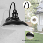 Outdoor Barn Light Fixtures, 12.3 Inch Large Dome Farmhouse Exterior Wall Mount Lights, Gooseneck Wall Sconce Indoor Wall Lighting, Industrial Black White Finish Lanterns for Porch, RZ004-4 BK+WH