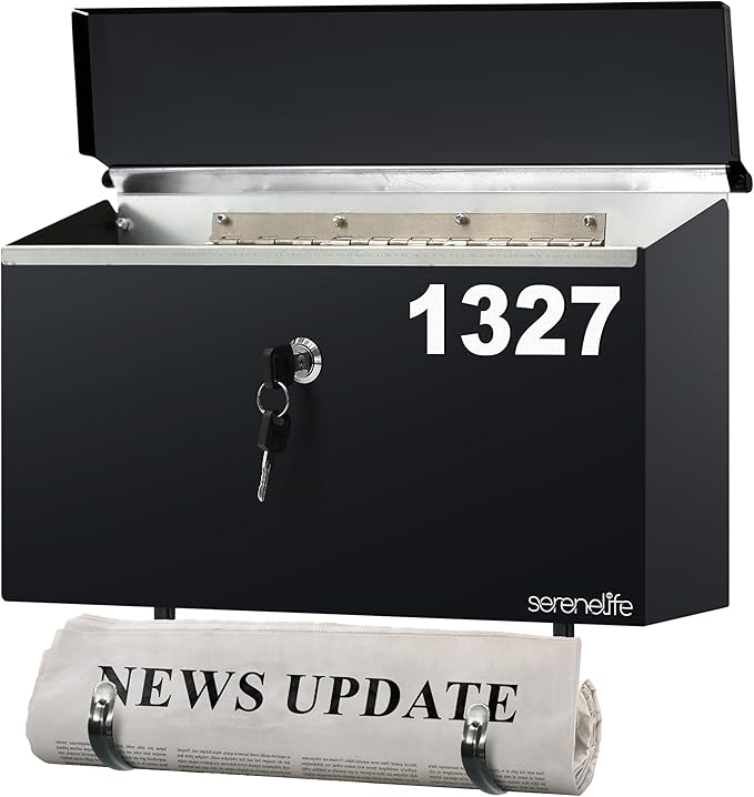 SereneLife Outdoor Wall Mailbox & Newspaper Holder | 0.24 FT Cubic Mailbox | Easy Installation, Secure Lock Mechanism | Ideal for Residential or Commercial Use | Wall Mountable | 15x3x11 in | Black