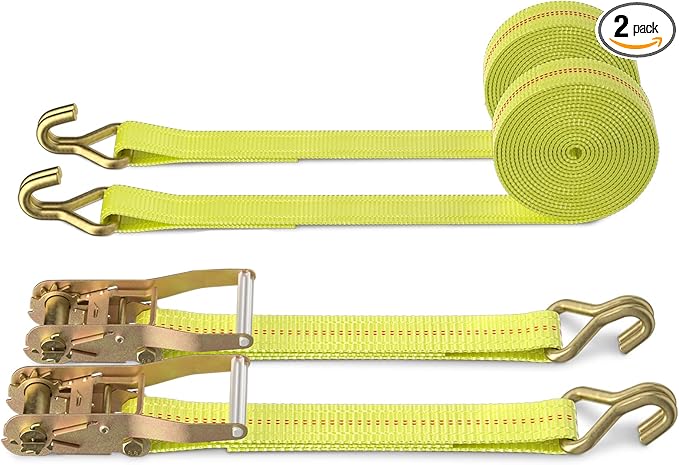Ratchet Tie Down Strap - 2 Pack 2" x 27' Heavy Duty Ratchet Straps with Aluminum Handle, Cargo Straps for Moving Appliances, Lawn Equipment, Motorcycle in a Truck Yellow