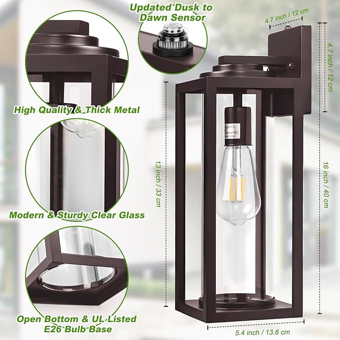 Oil Rubbed Bronze Dusk to Dawn Outdoor Wall Light Fixtures - 2 Packs Exterior Waterproof Outdoor Lighting, Farmhouse Porch Sconces Wall Mounted Lighting, Anti-rust Outside Lantern for Front Door