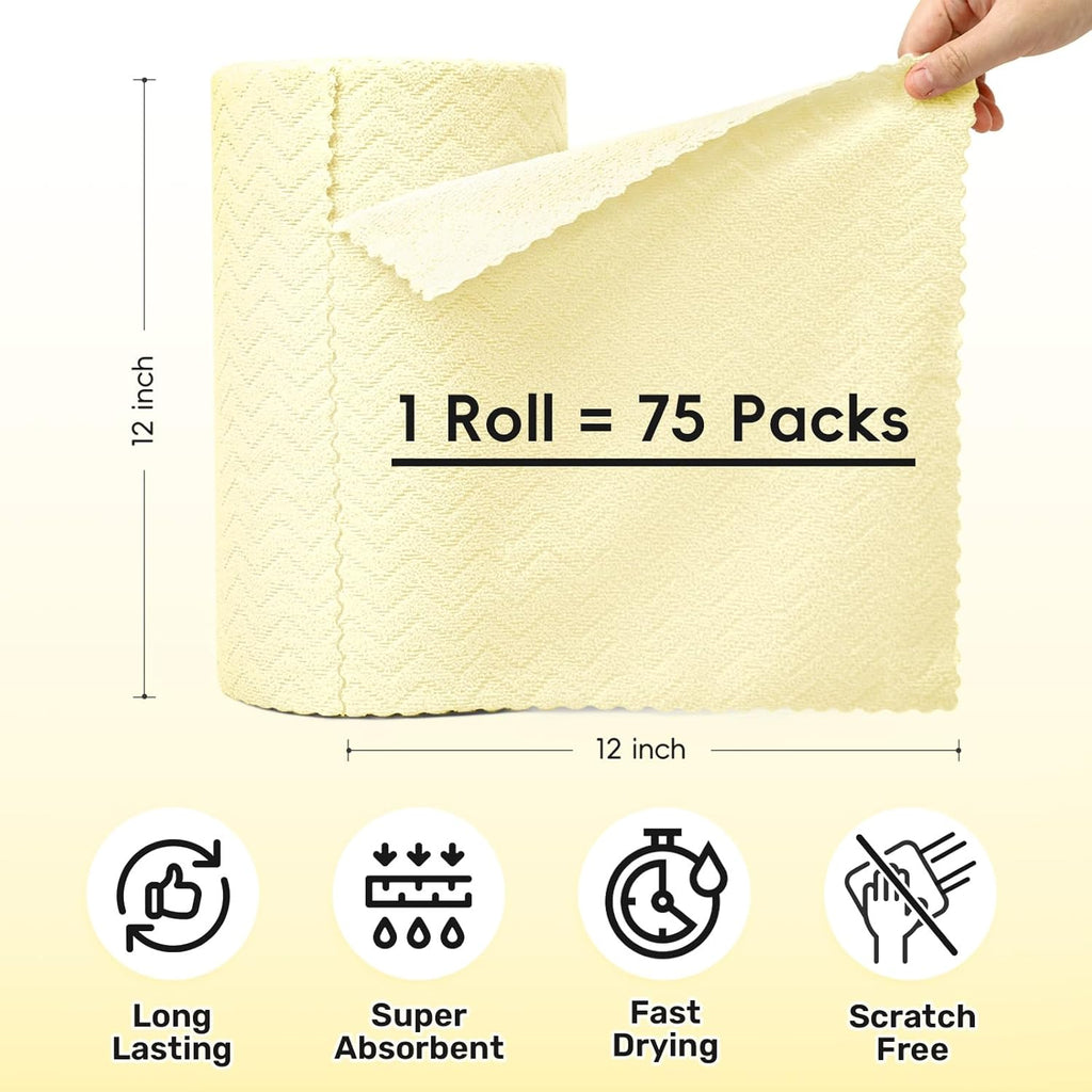 Microfiber Cleaning Cloths Roll, 75 Pack Tear Away Microfiber Towels Roll, 12" x 12" Lint Free Rags, Reusable Cleaning Cloths, Washable, Scratch Free,Ultra Absorbent Dish Rags(Yellow Ripple)