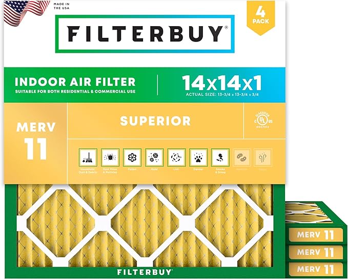 Filterbuy 14x14x1 Air Filter MERV 11 (MPR 1200) Allergen Defense Replacement (4-Pack), Electrostatic Pleated HVAC AC Furnace Filters, Made in USA (Actual Size: 13.75 x 13.75 x 0.75)