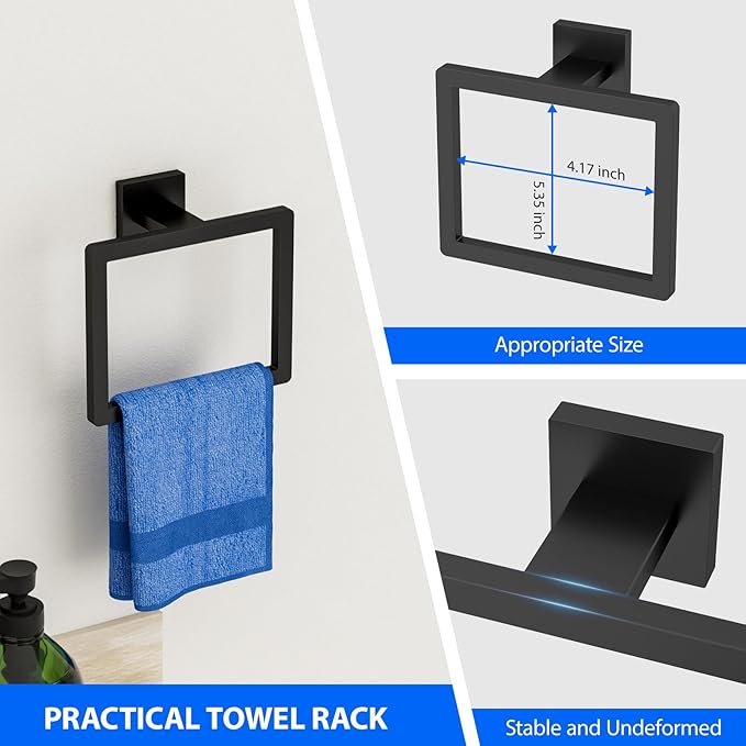 Matte Black 5-Pieces Bathroom Hardware Set, SUS304 Rustproof Steel 16" Rectangle Bathroom Towel Racks Accessories Set, Luxury Hotel Grade Organization Hardware Kit