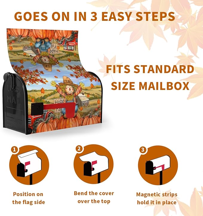 Fall Scarecrow Decorative Mailbox Covers Magnetic Large Size 25.5x21 Autumn Pumpkins Maple Leaves Mailbox Wraps Cover Harvest Letterbox Cover for Garden Outdoor Decor