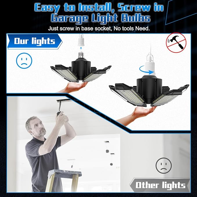 LED Garage Lights - 30000LM Super Brighter Garage Lighting w/ 6 Deformable Panels 6500K Led Shop Lights E26 Screw in Base for Basement Workshop Warehouse Attic - 2Pack