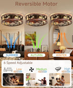 19'' Caged Ceiling Fans with Lights and Remote, Fandelier Ceiling Fan with Light, 6 Speeds and Reversible, Low Profile Ceiling Fan with Light for Bedroom, Living Room and Kitchen
