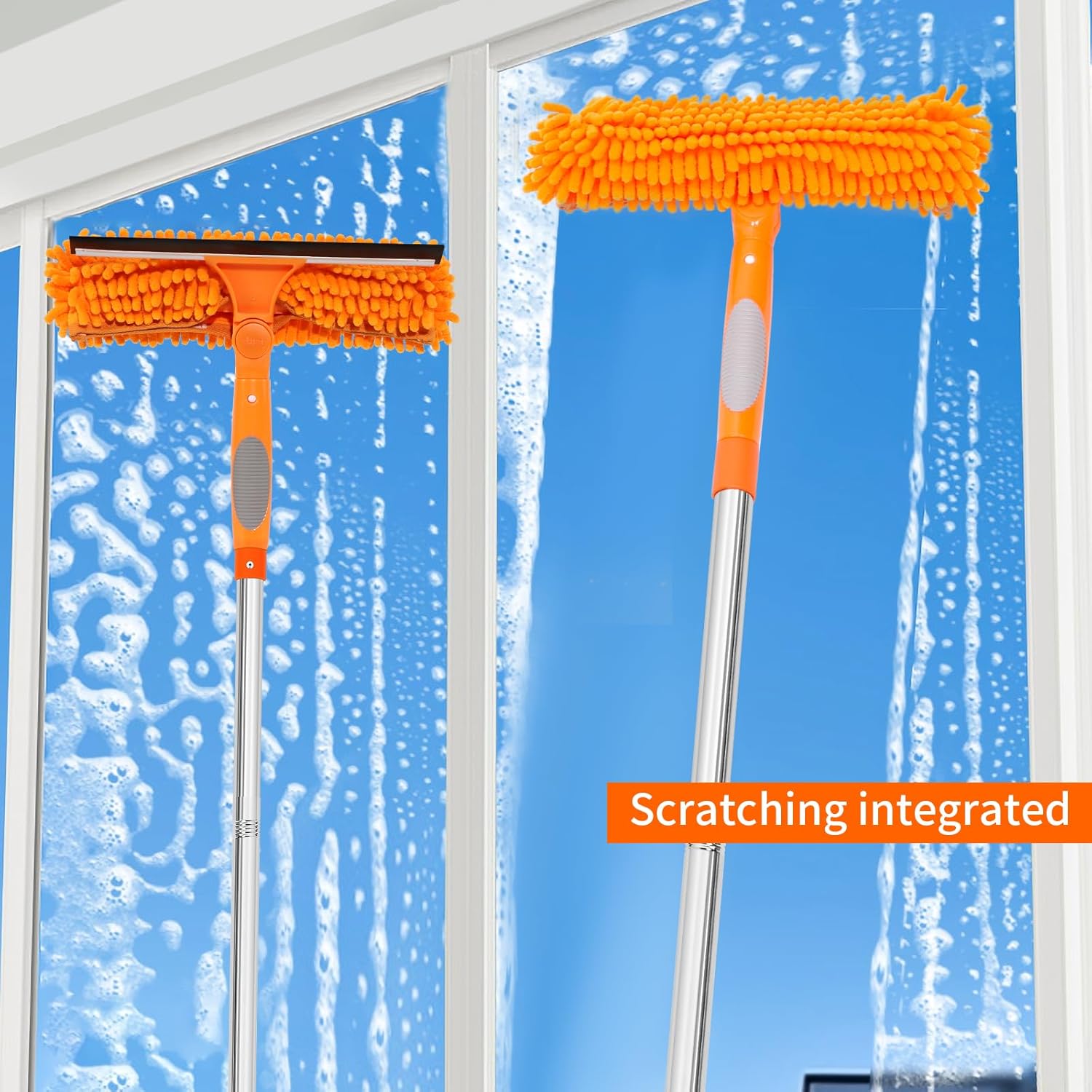 Professional 72'' Window Squeegee Cleaning Washing Tool/Kit with Extension Pole, 3 in 1 Squeegee for Window Cleaning Kit for High Window with 1 Rotatable Head 4 Interchangeable Scrubber