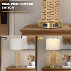 27" Natural Rattan Table Lamps Set of 2, Boho Bedside Lamp for Bedroom with Night Light, Woven Wicker Nightstand Lamps with 2 USB Ports & AC Outlet, Tall Farmhouse Living Room Lamp, Gold