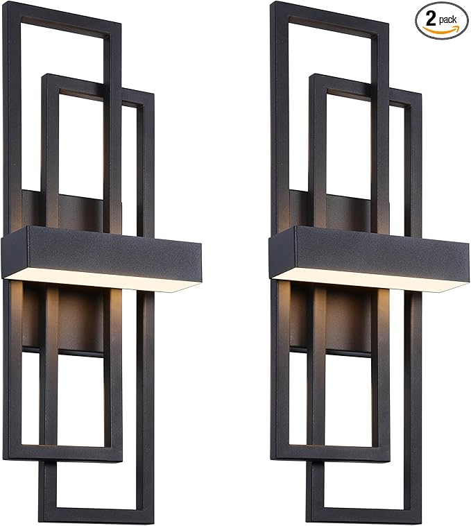 LamQee 2 Pack 20" Modern Outdoor Wall Light, Integrated LED 1000LM Exterior Lighting Fixture Rectangle Outdoor Sconce, Matte Black Metal Wall Mount Porch Light Outside Lamp for House Garage Door Patio