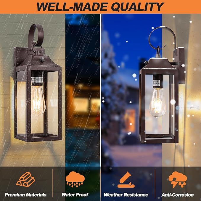 Dusk to Dawn Wall Lights 2 Pack, Oil Rubbed Bronze Outdoor Light Fixtures Wall Mount, 15 Inch Exterior Wall Sconces Waterproof, Large Outside Lights for House, Modern Wall Lanterns Brown