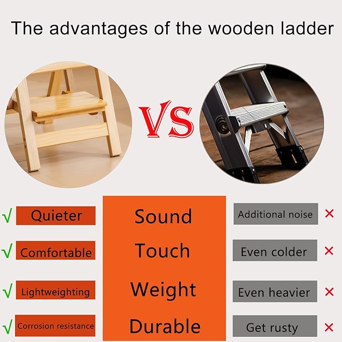 Latifolia Foldable 3 Step Ladder, Wooden Step Stool with Floor Saver, Decorative Ladder Shelf for Living Room, Kitchen, Garden(Nature)