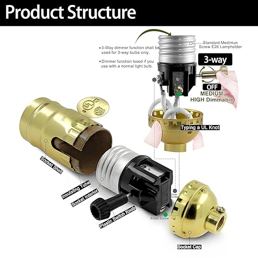 Lamp Socket Replacement, E26 Threaded Base, Turn Knob for Low-Medium-High Light Settings 2 Way (Gold)