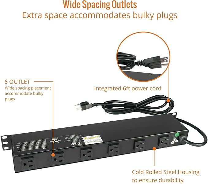 Tecmojo 1U Rackmount Network-Grade PDU Surge Protector Power Strip, 12 Outlets (6 Front, 6 Rear Wide Spaced) 12A 6ft Cord with 5-15P Lug - Black, UL Certified
