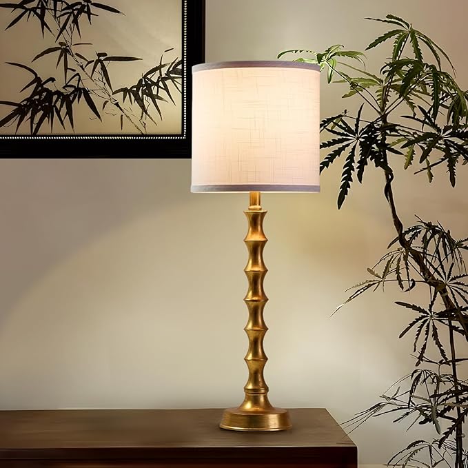 Gold Table Lamp Set of 2 Metal Bamboo Shape Base 29" Rustic Buffet Lamp with Linen White Shade Tall Nightstand Lamps Bedside Nightlights for Living Room Bedroom Guest Room