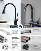 APPASO Oil Rubbed Bronze Kitchen Faucet with Soap Dispenser, Stainless Steel Kitchen Faucet with Pull Down Sprayer 3-Function High Arc Single Handle Bronze Kitchen Sink Faucet