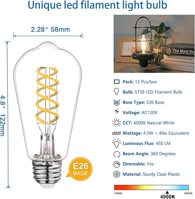 Dimmable Edison Bulbs, 4.5W Equivalent to 40W Vintage Light Bulbs, E26 Base 4000K ST58/ST19 LED Bulbs, Antique Flexible Spiral Filament Light Bulbs - Clear Plastic 12Pack