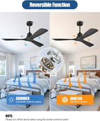 60 Inch Ceiling Fans Without Lights, 60" Outdoor Ceiling Fan No Light, 3 Wood Blades, 3 Downrods, Timer, 6 Speeds Modern Ceiling Fan with Remote Reversible DC Motor for Patios, Matte Black