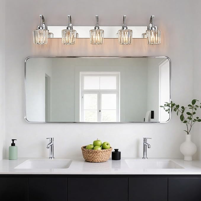 Modern Bathroom Vanity Light, 5-Light Chrome Wall Sconce with Crystal Accents, Over Mirror Bathroom Lighting Fixture, 42.52" Long Dimmable Vanity Lamp for Makeup, Easy Installation