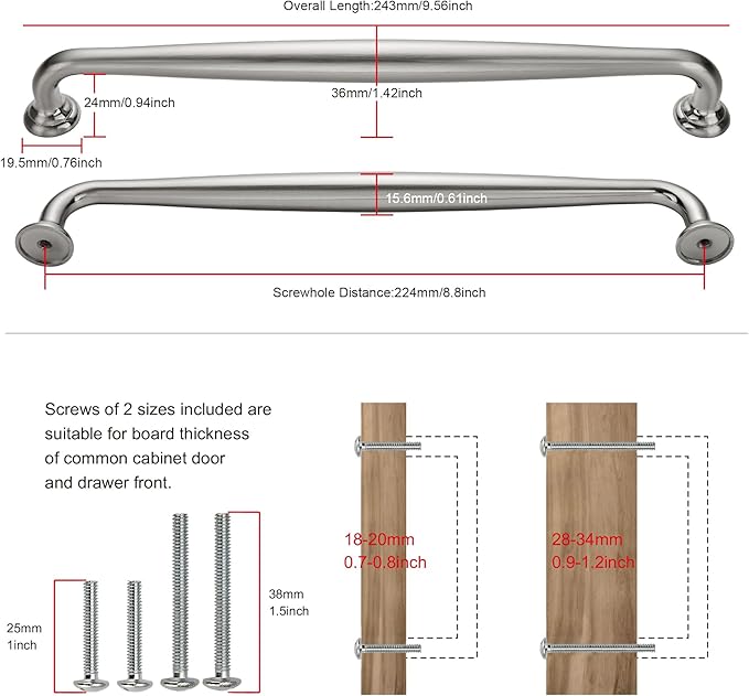 TUNNY 5 Pack Cabinet Handles-8.81"/224mm Screw Spacing Brushed Nickel Furniture Hardware Handles for Kitchen Cabinets Bedroom Dresser Wardrobe Cabinet Pulls