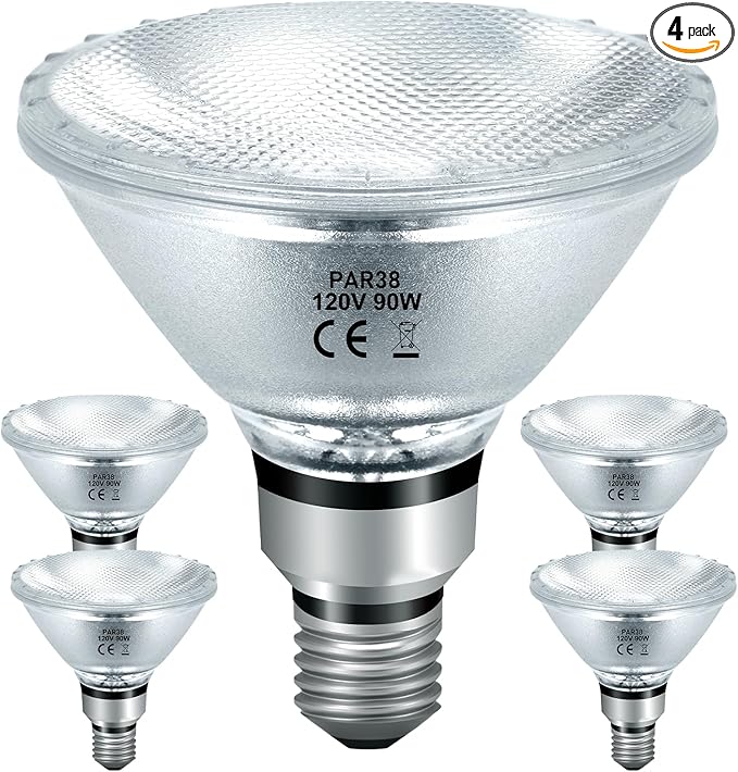 PAR38 Halogen Floodlight Bulbs 90 Watt 120V, PAR38 Halogen Light Bulbs Dimmable 4 Pack for Indoor and Outdoor Flood Light, Reptile Heat Lamp Soft White 2800K, E26 Base Bulbs 4050LM