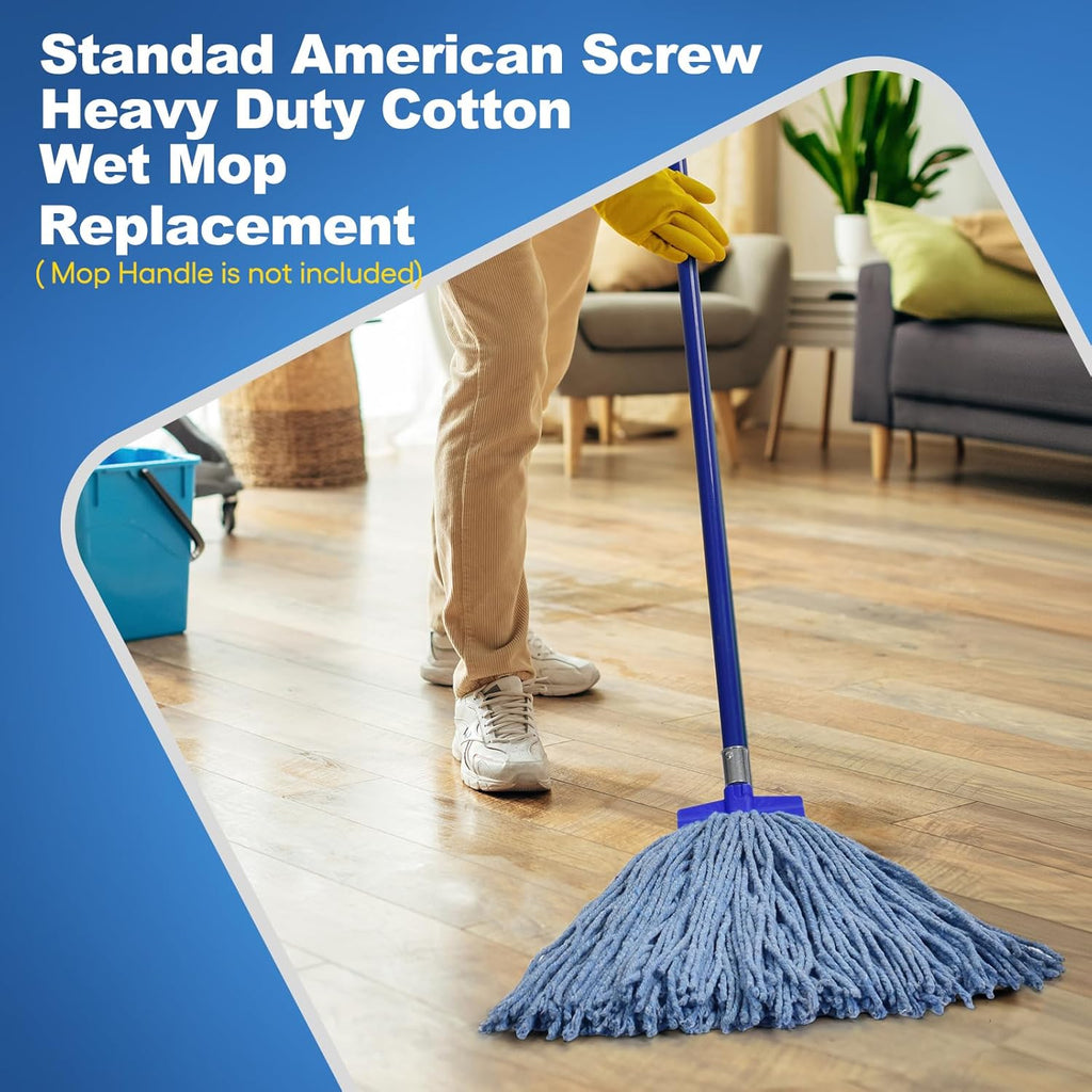 Matthew Cleaning Screw-on Heavy Duty Cotton Wet Mop Replacement Heads(Blue, Large,12 Pack) with 2 Pack Microfiber Cloth for Residential & Commercial Floor Cleaning Use- Fit Standard American Screw