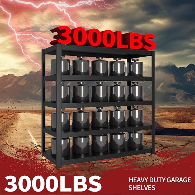 Shelving Units and Storage, 3000LBS Garage Storage Shelves, 5 Tier Shelving Unit, Steel Industrial Shelving, Adjustable Standing Shelf for Garage, Pantry, Closet 72" H x 36" W x 16" D, Black