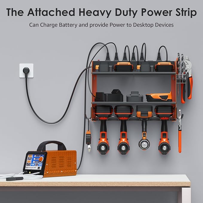 CCCEI Modular Power Tool Organizer Wall Mount with Charging Station. Garage 4 Drill Storage Shelf with Hooks, Drill Bit Heavy Duty Rack, Orange Tool Battery Holder Built in 8 Outlet Power Strip.