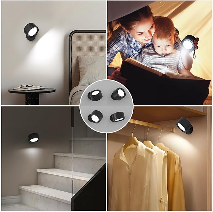 LED Wall Lights, Wall Lamp 3 Color Temperatures & Dimmable Magnetic 360° Rotation with Remote, Wall Sconces 2 Pcs with 3000mAh Rechargeable Battery, Cordless Wall Light for Reading Bedside Hallway