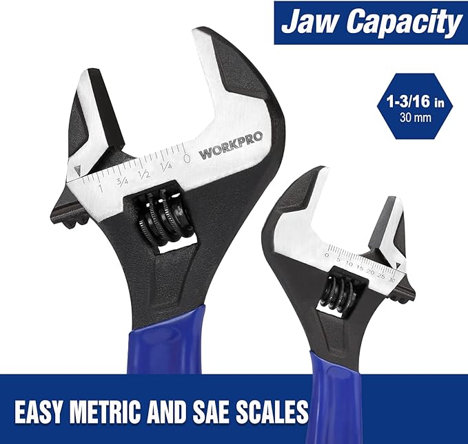 WORKPRO 8-Inch Adjustable Wrench, Cr-V Steel Wide Jaw Black Oxide Wrench, Metric & SAE Scales, for Home, Garage, Workshop and DIY