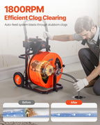 VEVOR 100FT x 3/4 Inch Drain Cleaning Machine Sewer Auger Auto Feed with 4 Cutter & Air-activated Foot Switch for 4" to 8" Pipes, Orange, Black