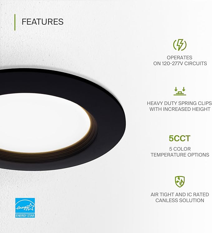 ASD LED Recessed Lighting 4 Inch, Round Commercial LED Downlight, Mini Panel Baffle Trim, 12W 120-277V, 5 CCT Selectable 2700K/3000K/3500K/4000K/5000K, Dimmable LED Ceiling Light Fixture, Black, ETL