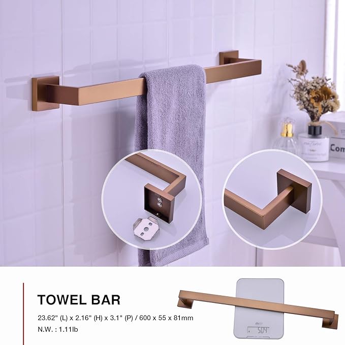 TRUSTMI Contemporary 5-Pieces Bathroom Hardware Set Towel Bar Robe Hook Toilet Roll Paper Holder, SUS 304 Stainless Steel Wall Mounted, Brushed Rose Gold