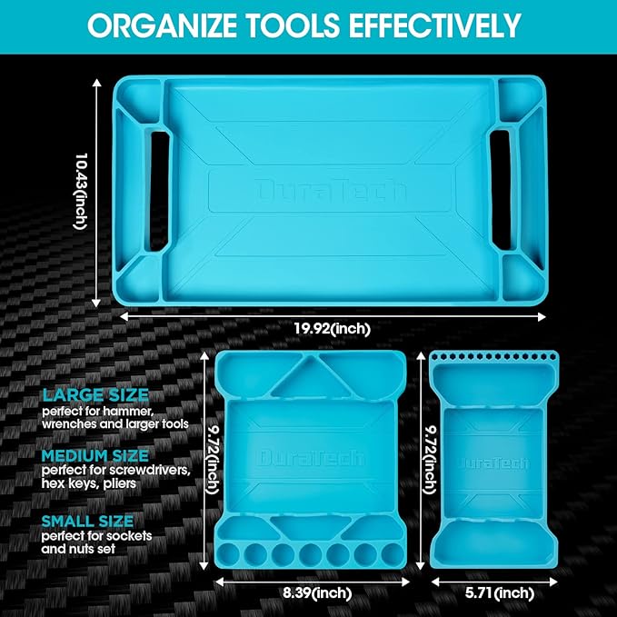 DURATECH Flexible Tool Tray, Silicone Tool Holder for Mechanics Storage, Heat and Chemical Resistant Tool Organizer for Automotive, Industry and Household(3pack blue)