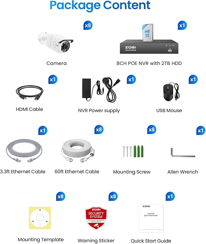 ZOSI 4K PoE Security Camera System,8 x 8MP/4K Outdoor Indoor Cameras with Person Vehicle Detection,People Counting,One-Way Audio,Night Vision,8CH 8MP CCTV NVR with 2TB HDD for Business 24/7 Recording