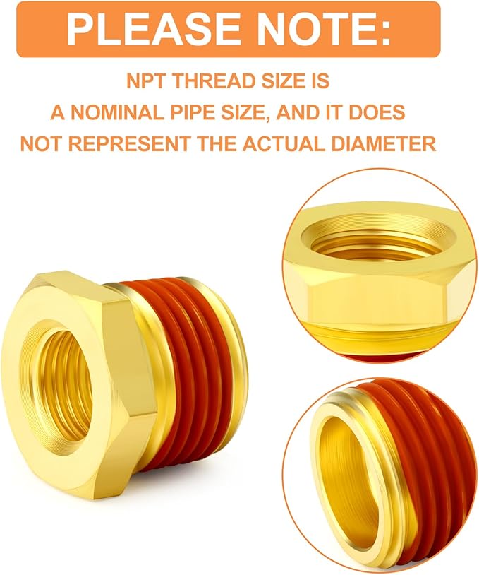 GASHER 5Pcs Brass Reducer Hex Bushing 3/4" NPT Male x 1/2" NPT Female, Brass Threaded Pipe Fitting With Sealant