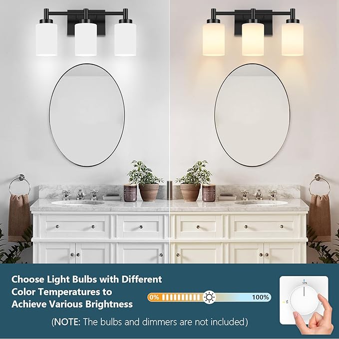 3-Light Bathroom Vanity Light Fixtures Over Mirror, Rustproof Vanity Lights for Bathroom, Modern Black Bathroom Lights Wall Mount with Milky White Glass Shades for Bedroom Living Room