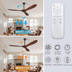 60 Inch Ceiling Fans Without Light, Solid Wood Ceiling Fan No Light with Remote and 3 Wood Blades,6 Speed Quiet DC Motor Indoor Outdoor Ceiling Fans for Patio, Living Room, Bedroom