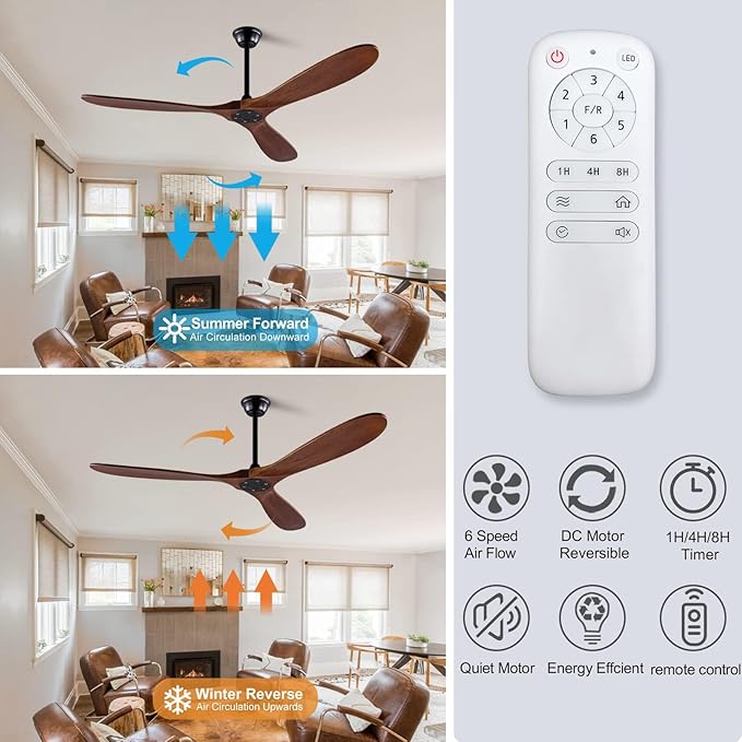 60 Inch Ceiling Fans Without Light, Solid Wood Ceiling Fan No Light with Remote and 3 Wood Blades,6 Speed Quiet DC Motor Indoor Outdoor Ceiling Fans for Patio, Living Room, Bedroom