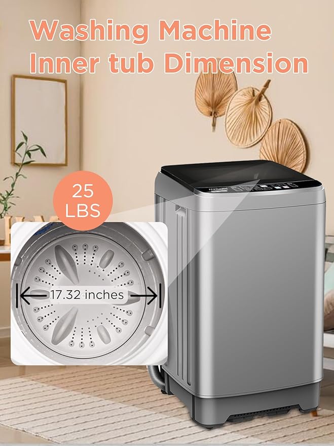 25 lbs Washing Machines with 10 Program 8 Water Level, Full Automatic Washer with Drain Pump & LED Display for Home, Apartment, Dorm, Grey